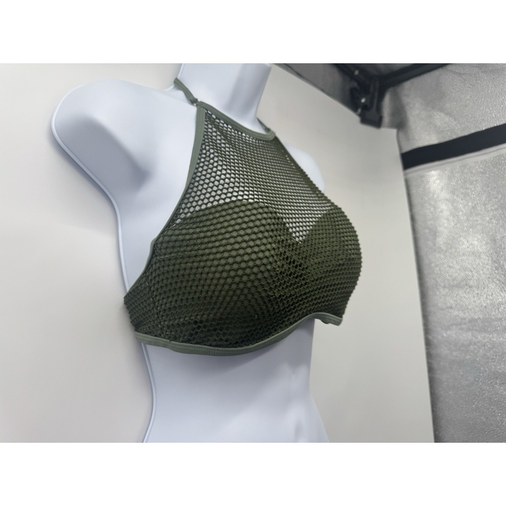 Green Mesh Bikini Top Sheer mermaid fairy M rave club crochet open knit halter - Picture 3 of 9